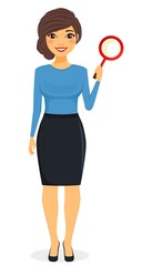 Concept. A girl with a magnifying glass in her hand. Business and finance. Character. Flat style on a white background. Cartoon.
