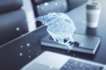 Digital America map on modern computer background, global technology concept. Multiexposure