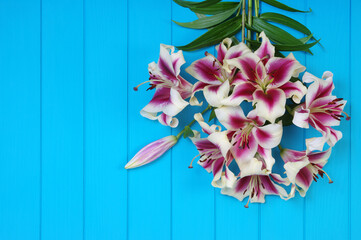 Obraz premium lily flowers on wooden planks