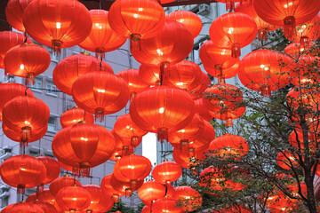 Red lanterns decorating the commercial streets during lunar Chinese New Year 22 Jan 2022