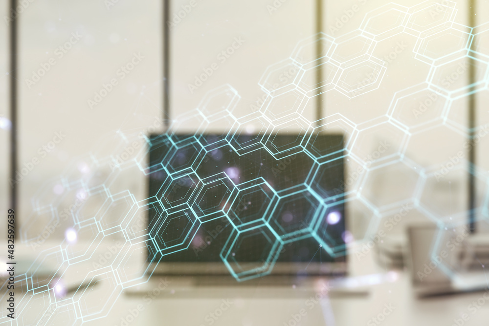 Poster creative concept of wireless technology with hexagon hologram on modern laptop background. big data 