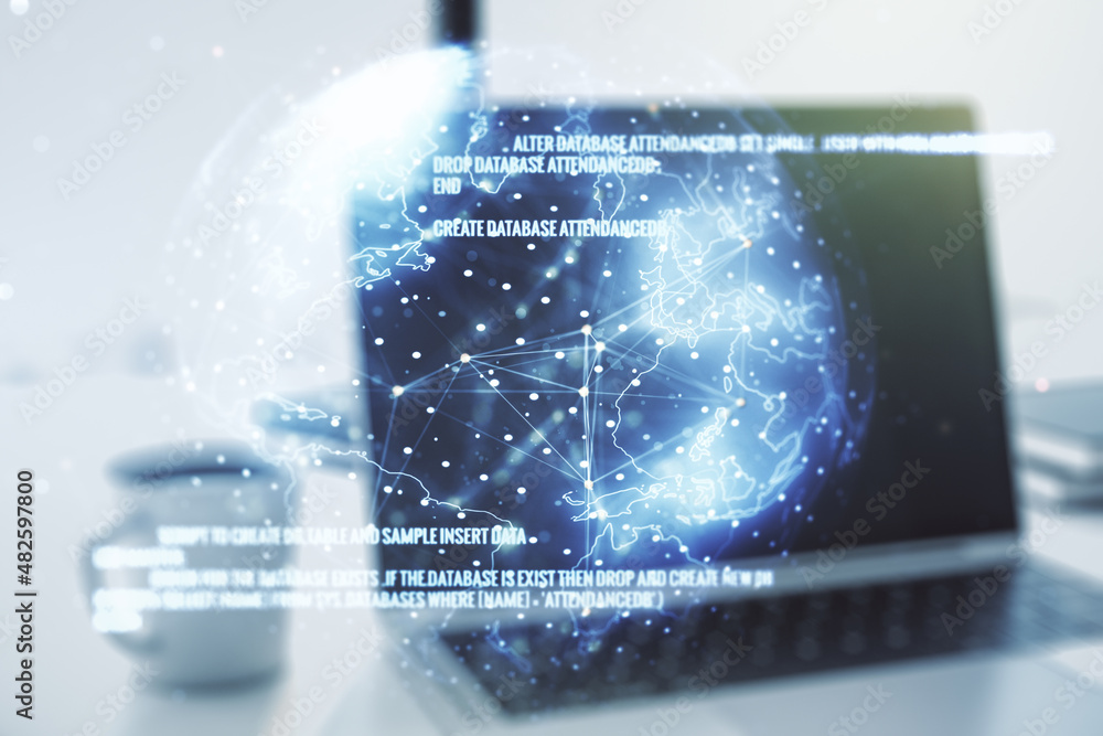 Poster double exposure of abstract programming language with world map on laptop background, research and d