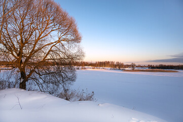 Winter landscape on frosty sunny day. Frozen river under snow and tree in morning sun