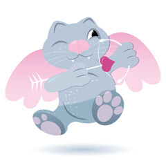 cupid cute cat love heart wings fly valentine day character animal bow and arrow
