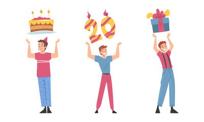 Man Celebrating Birthday Carrying Wrapped Gift Box and Cake with Candles Vector Set