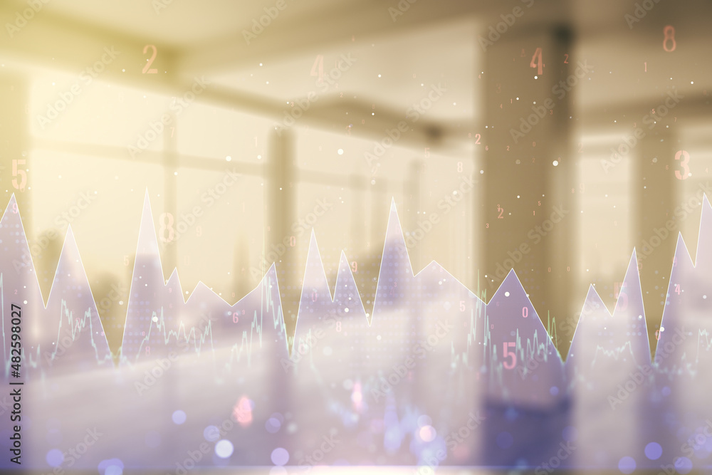 Poster multi exposure of creative statistics data hologram on empty modern office background, stats and ana