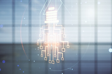 Virtual creative light bulb with chip hologram on empty classroom background, artificial Intelligence and neural networks concept. Multiexposure