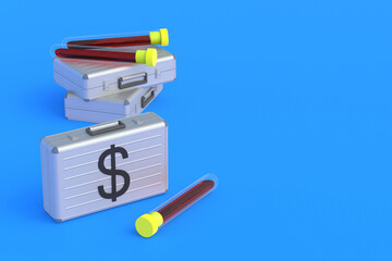 Corruption in the healthcare system. Investment in the medical industry. Development of new drugs. Funding for a scientific laboratory. Medical insurance. Money briefcase and test-tube. 3d render