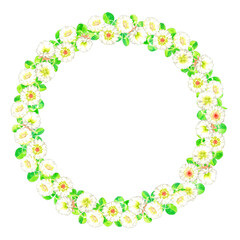 シロツメクサの花かんむりの丸フレーム　かわいい手描き水彩イラスト背景素材