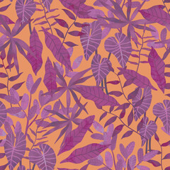 Hand drawn botanical seamless pattern with exotic plants and leaves. Modern colorful tropical background.