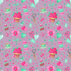 Watercolor seamless pattern with bouquet of roses,macaroons,sweet candy,cup of tea,lollipop,cherry,hearts,candle and green bow on dark violet background.Use for valentine's day ,wrapping.