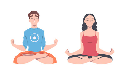 Young Man and Woman Cross-legged Sitting in Padmasana or Lotus Position Practicing Mediation Vector Set