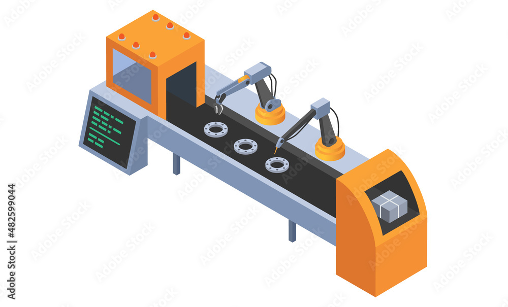 Poster industrial internet of things. machinery and robotic arm autonomous production. automated factory as