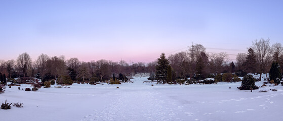 Snowy landscape on the cemetery at sunset time with clear blue and pink colored sky and blad trees