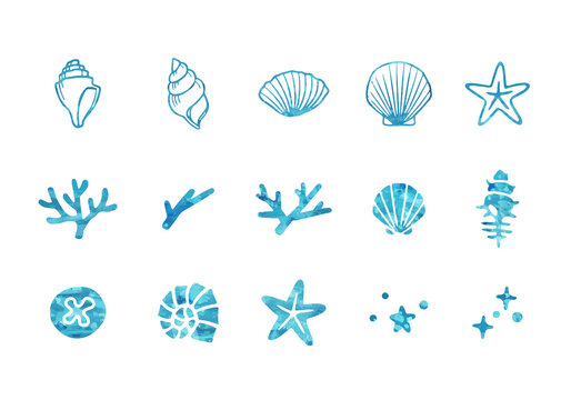 爽やかな海辺の装飾イラストセット　アイコン　貝殻　珊瑚　ヒトデ