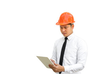 Portrait Asian young  man engineering wearing orange helmet.Asian young  man engineering isolated on white background.