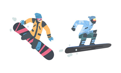 Man Snowboarding Dressed in Winter Outfit Vector Set