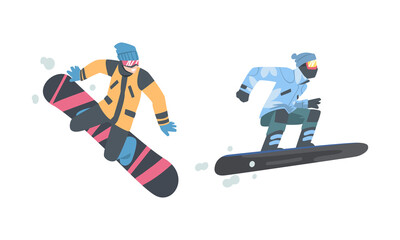 Obraz premium Man Snowboarding Dressed in Winter Outfit Vector Set