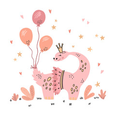 Illustration of a festive dinosaur with balloons. Simple cute style for kids. Wall sticker, card, invitation, party decoration.
