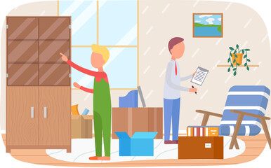 Men moving to new house change place of residence. Rental of premises, redecorating concept. Male characters settle down after moving to home. People planning arrangement of furniture in new apartment