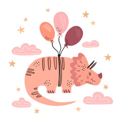 Illustration of a festive dinosaur with balloons sky among the clouds. Simple cute style for kids. Wall sticker, card, invitation, party decoration.