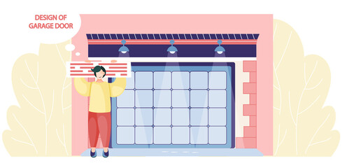 Garage with automatic gates design. Vehicle storage space, room for cars. Gates with lifting mechanism, place for automobile. Woman working with design of garage doors in modern residental building