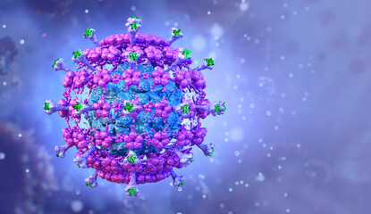 Rotavirus, molecular 3D model of contagious reoviridae RNA virus, causative agent of diarrheal disease, gastroenteritis or stomach flu infection among infants. Rotavirus structure medical illustration - obrazy, fototapety, plakaty