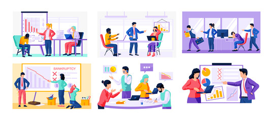 Fototapeta premium People have meeting about economic problems of company. Teamwork with diagram analysis. Colleagues discussing business issues. Set of illustrations about bankruptcy, declining indicators of profit