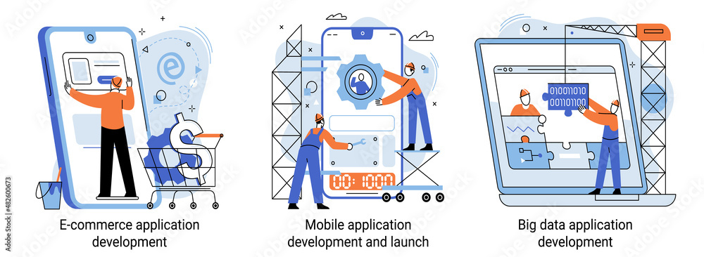 Poster big data, e-commerce application development, mobile app development and launch banners set. mobile 