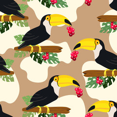 Obraz na płótnie Canvas Seamless pattern with cute cartoon toucan bird on branch. Vector illustration for wallpaper, fabric, textile. Summer exotic print. Tropical toucan with floral monstera leaves