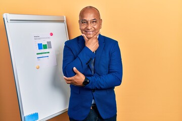 Middle age latin man wearing business clothes on chart presentation looking confident at the camera smiling with crossed arms and hand raised on chin. thinking positive.