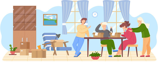 Family moving to new house, people moving to new house, carrying things to apartment, changing place of residence, relocation. Unpacking things after shipping, decorating home. Rental of premises
