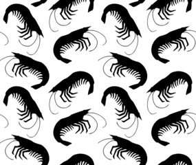 Vector seamless pattern of hand drawn shrimp silhouette isolated on white background