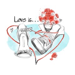 Drawing a pair of shoes in love. A man gives a bouquet of flowers to a woman. Laces in the shape of a heart. Illustration for Valentine's day. Shoes sketch for printing on postcards, posters, clothes.