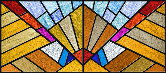 Colorful stained glass window. Abstract stained-glass background. Art Deco decor for interior. Vintage pattern. Luxury modern interior. Transparency. Color light. Multicolor template.