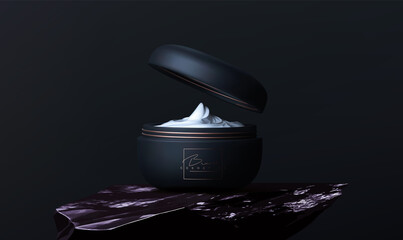 Luxury cosmetic face crem jar for skin care on black background. Beautiful cosmetic template for flyer or poster. Makeup products brand. Realistic vector 3d black and gold matte cosmetic jar mock up