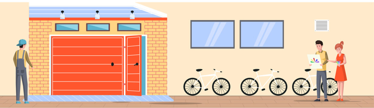 Vehicle storage space, room for transport in residential building. People looking at palette of colors for painting garage. Place for automobile parking, Storage space for bike inside modern house