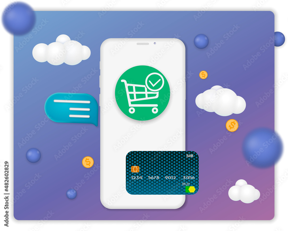 Poster online shopping 3d concept, online payment and e-commerce concept with floating elements.