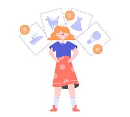 Cute girl surrounded by children's goods. Financial literacy and pocket money management. Child and economy. Vector flat illustration.