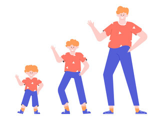 Toddler, teenage boy and adult guy. Stages of growing up of one male character, three different generations. Vector flat illustration.