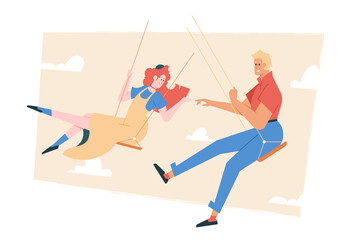 Happy couple in love is swinging on a swing. Man and woman enjoy vacation together. Date outdoors. Vector flat illustration.
