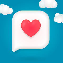 3D icon speech bubble with heart. 3D social media notification icon with heart symbol