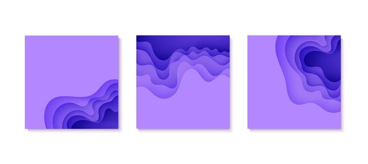 Set of abstract backgrounds in paper cut style. 3d purple colors waves with smooth shadow. Vector illustration with layered curved line shape. Squared composition of liquid layers in papercut