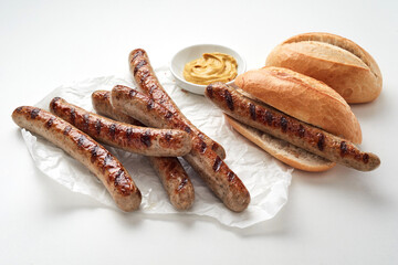 Delicious sausages and bread placed on table