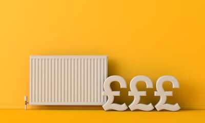 Cost of heating. Pound sterling currency symbol next to a radiator heater. 3D Rendering
