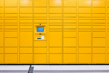 Yellow locker with screen and scanner for storage of packages purchased online. Messaging concept, compare online, e-commerce and packages