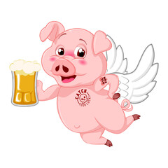 vector mascot illustration tattooed pig with angel wings flying with a smile carrying a big glass of beer