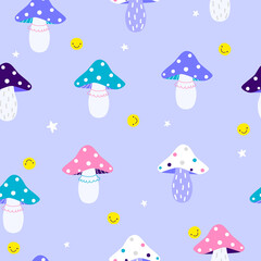 Seamless pattern with funny colorful mushrooms. Trendy print. Vector hand drawn illustration.