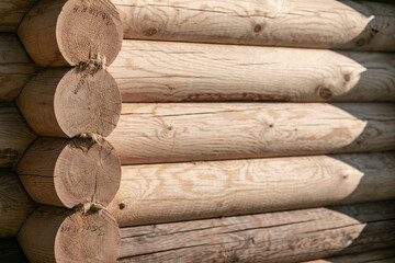 House built from smoothly polished cedar logs. Textured background. Cedar warm safe house.