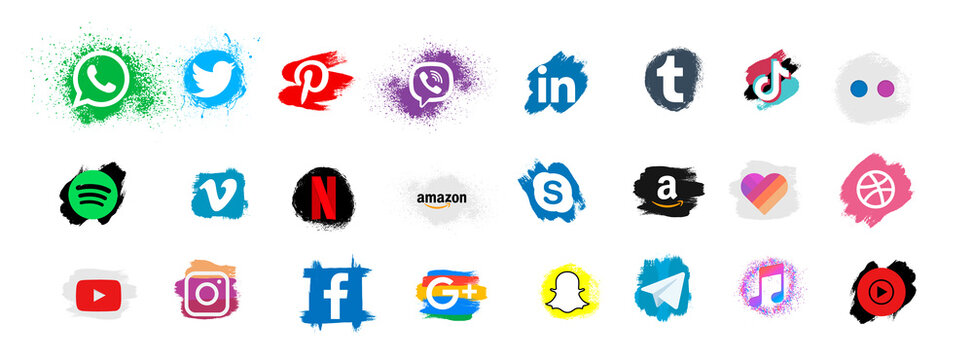 Grunge Set of social media icons. Instagram, Facebook, Twitter, WhatsApp in grunge style. vector